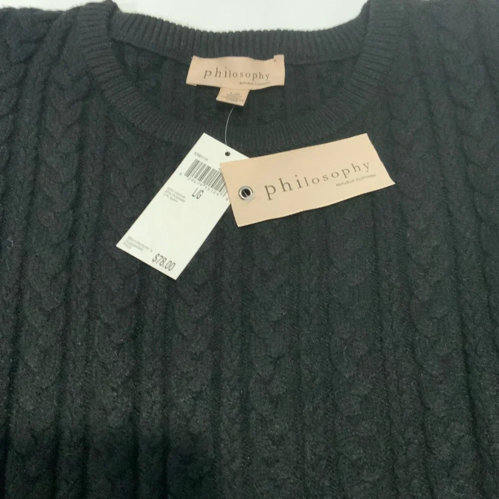 Philosophy black cable knit faux leather puff balloon sleeve sweater size Large - Picture 5 of 6